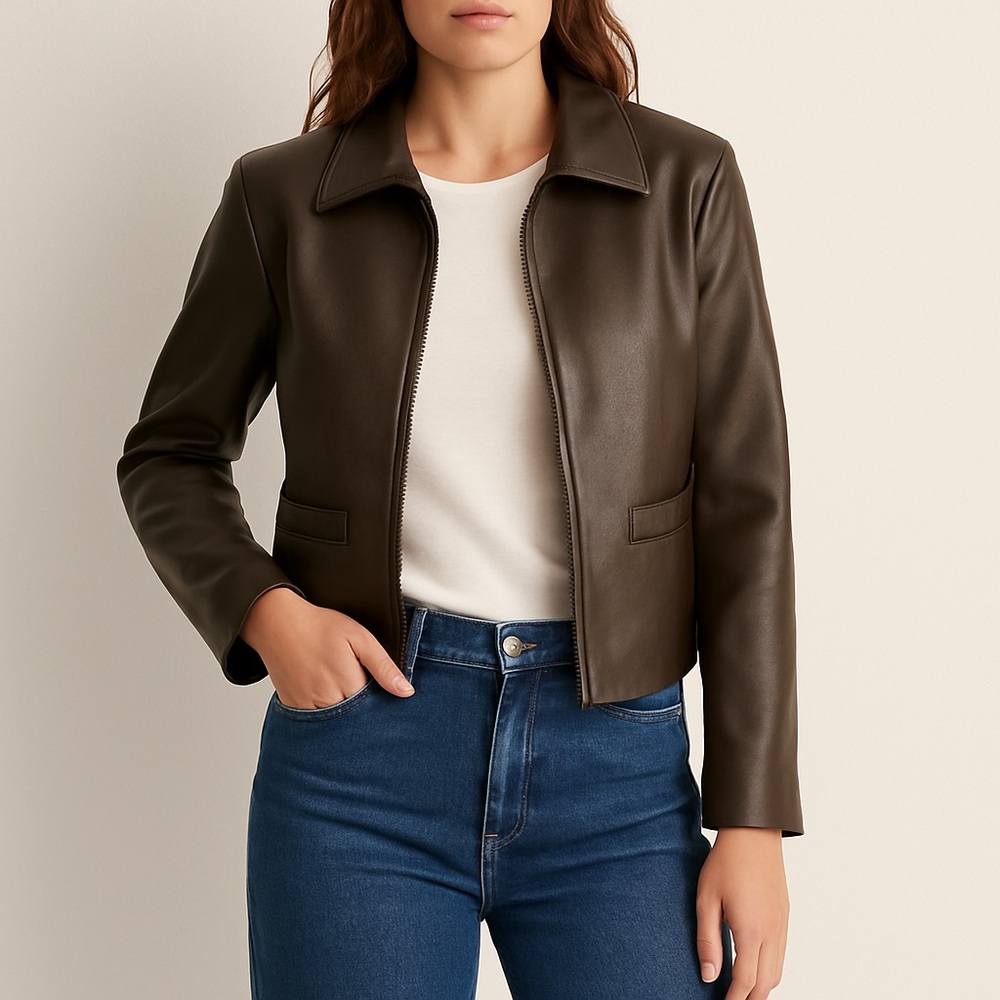 Vintage Women’s Brown Faux Leather Blazer Jacket Size6 Made in Canada Shiny Silk
